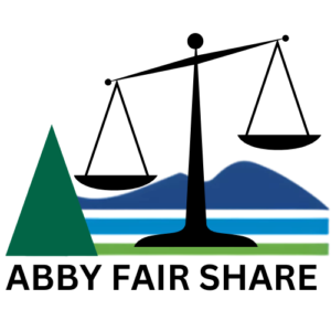 Abby Fair Share Logo Black scales of Justice over a simplified landscape showing a tree, a mountain, a river and land